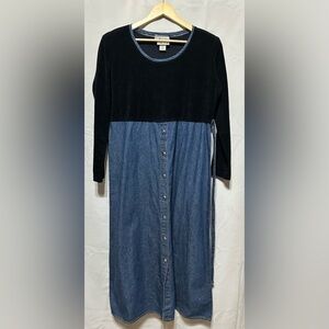 MONIQUE FASHIONS Vintage Denim Long Sleeve Maxi Dress With Velvet Top Size 12
